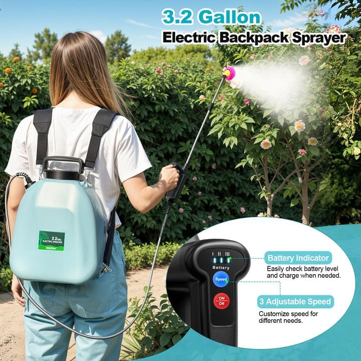 SideKing 3.2 Gallon Battery Powered Backpack Sprayer, Upgraded Electric Back Pack Sprayer with 3 Spray Speed, Battery Indicator, Rechargeable Handle, 41" Telescopic Wand, 5 Mist Nozzles, for Lawn and Garden - Image 2
